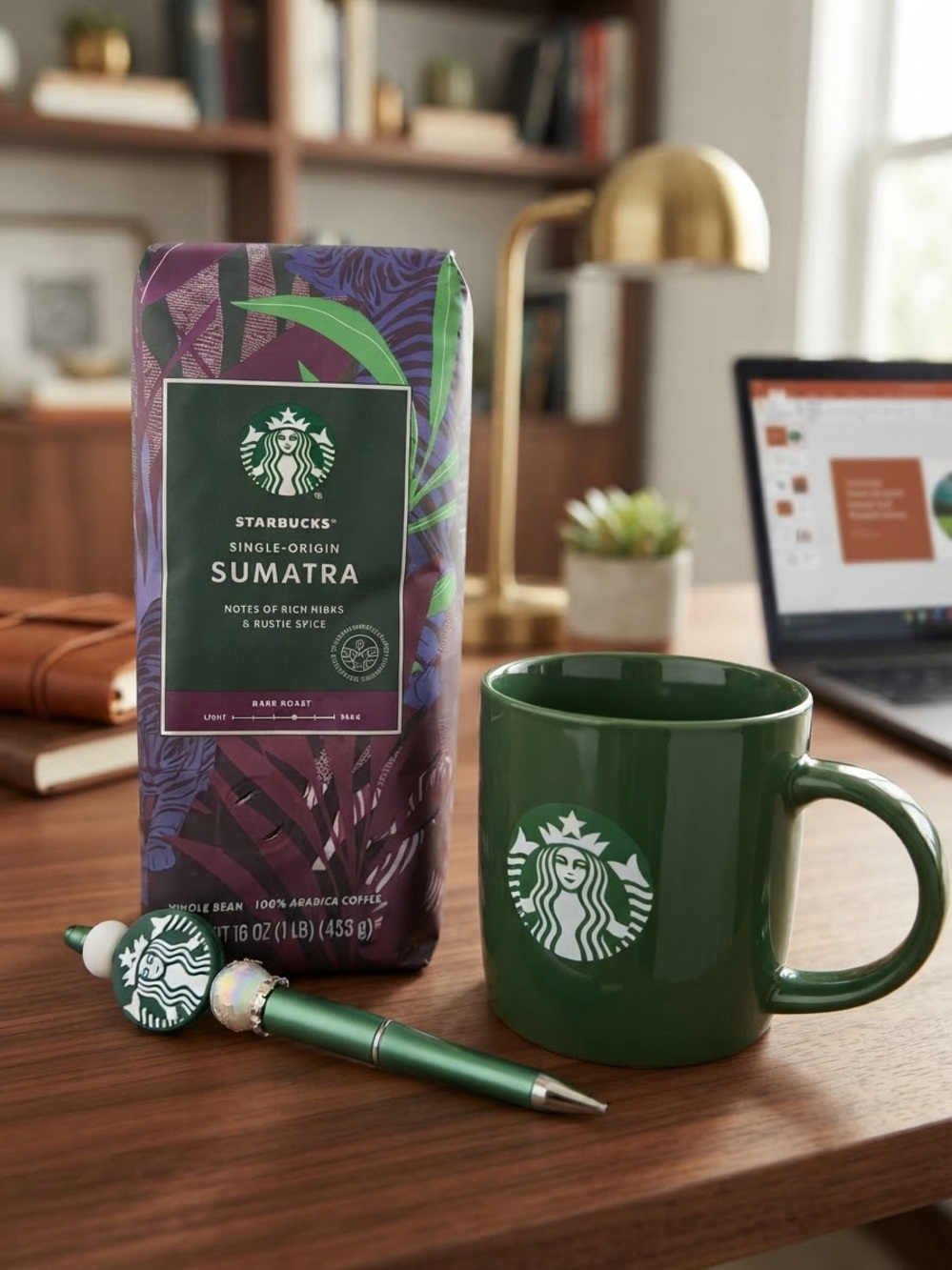 Starbucks Sumatra Coffee Lover's Gift Bundle: 16oz Whole Bean + Green Mug + Cust